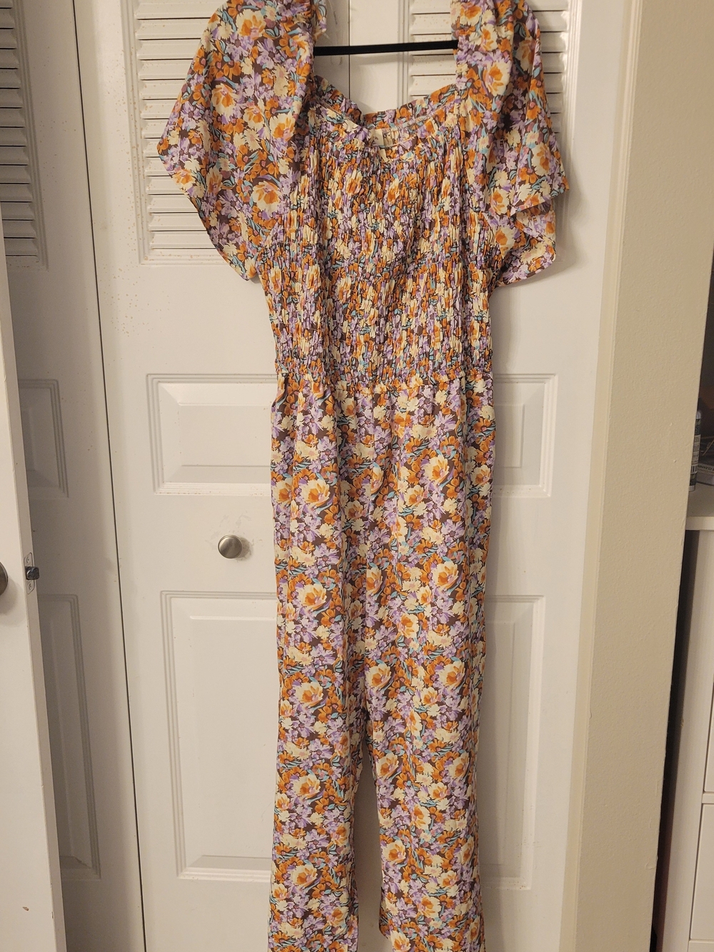 Floral Smocked Wide-Leg Jumpsuit in Yellow & Lavender